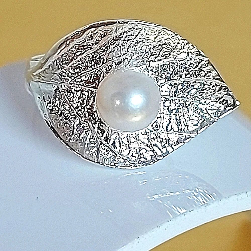 Natural Creamy White Pearl 7mm 925 Sterling Silver Leaf Ring‎ Sz 7 - Picture 7 of 8